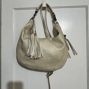 Gorgeous Vegan Leather Cream Structured Tote Bag with Tassels and Zipper Details